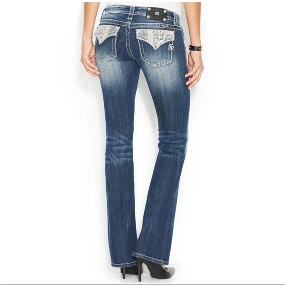 Miss Me Denim - Rock Revival Rhinestone Miss Me Blue Boot Cut Jeans with Lace Overlay Pockets
